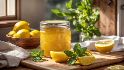 Jam with lemon and mint on the table
