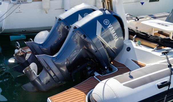 Ayvalyk, TURKEY - September 29, 2022: Couple of outboard motors Yamaha.