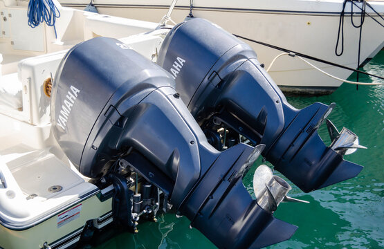 Ayvalyk, TURKEY - September 29, 2022: Couple of outboard motors Yamaha.