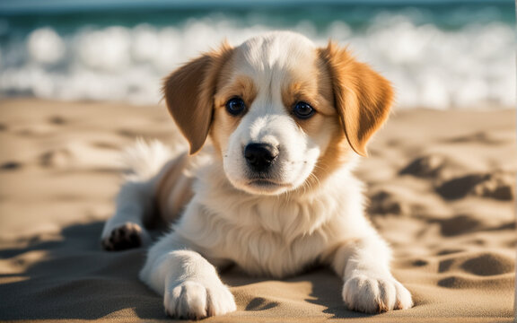 A cute puppy is lying at the beach. Space for text