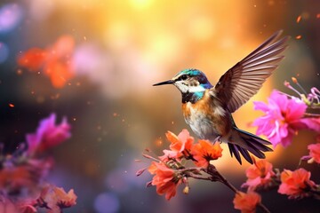 Design of bird landing on flowers with blurred background. Generative AI
