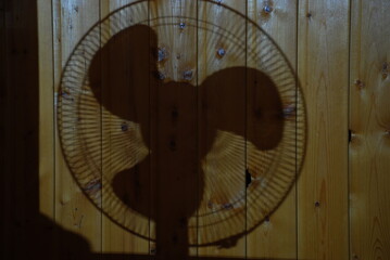 Shadow on the wall. On a dark brown wooden wall made of pine clapboard, a black shadow from a round floor fan is visible. It has three blades on the propeller and a circular grid around it.