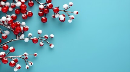 Red and White Snowberries on a Blue Background. A Festive and Flora Template with Copy Space
