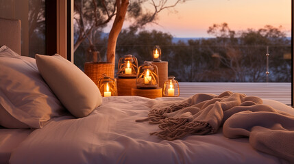 In a bedroom retreat, warm ambient lighting highlights rich textures in cushions and bedding, accentuating a luxurious bed against a simple architectural backdrop, ideal for relaxation and comfort.