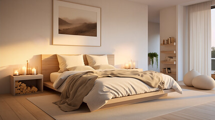 In a bedroom retreat, warm ambient lighting highlights rich textures in cushions and bedding, accentuating a luxurious bed against a simple architectural backdrop, ideal for relaxation and comfort.
