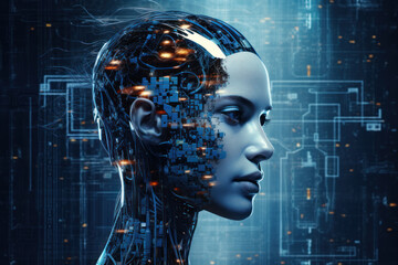 Digital Art Concept: Artificial Head in Double Exposure