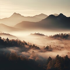 Peaceful Landscapes at Dawn: Drone Footage of Foggy Mountains and Minimalist Countryside, Generative AI