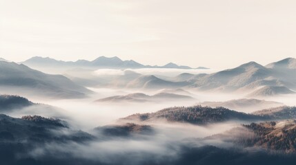Fototapeta na wymiar Drone Perspective of Morning Fog Blanketing Mountains at Sunrise in Tranquil Countryside, Generative AI