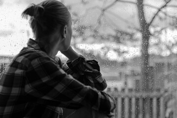 Thoughtful sad woman sitting on a windowsill, focus on rain, black and white