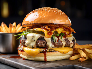 Feinschmecker-Burger mit exotischen Toppings und Brioche-Brötchen, kunstvoll serviert