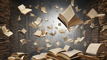 libros volando concepto de biblioteca digital, conocimiento al alcance de todos 
