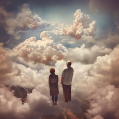 pareja de adultos mayores observando el horizonte entre nubes en el cielo espiritualidad y trascender - obrazy, fototapety, plakaty
