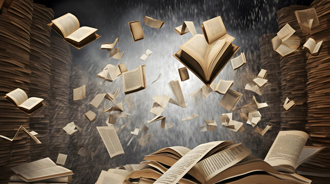 libros volando concepto de biblioteca digital, conocimiento al alcance de todos 