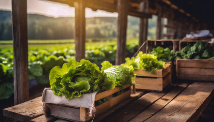 Organically produced and harvested vegetables and fruits from the farm. Fresh lettuces in wooden crates and sacks. Stored and displayed in the warehouse