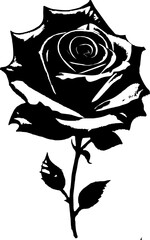 black graphic drawing of a rose flower without background, isolated element, decor