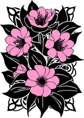 graphic drawing of a branch of pink flowers without background, isolated element, decor