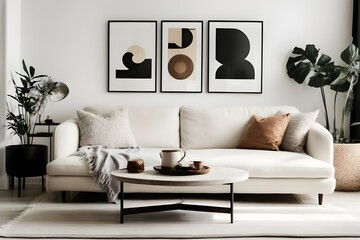 White sofa and black coffee table against white wall with art poster. Scandinavian boho home interior design of modern living room generative AI	