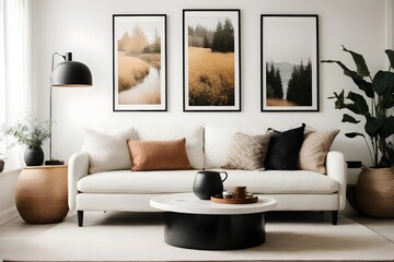 White sofa and black coffee table against white wall with art poster. Scandinavian boho home interior design of modern living room generative AI	