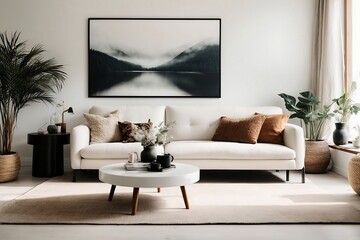 White sofa and black coffee table against white wall with art poster. Scandinavian boho home interior design of modern living room generative AI	