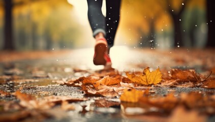 Person Running in Autumn Leaves on a wet pavement