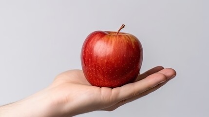 Pristine red apple in hand, symbol of health, neutral backdrop