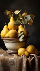 Ripe pears in rustic bowl, classical still life, dark mood