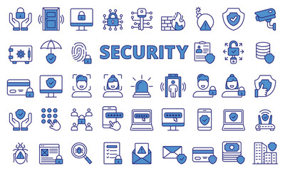 Security icon set in line design blue.  Protection, Safety, Secure, Guard, Alarm, Surveillance, Lock, Access, Privacy, Cyber, Data vector illustrations. Security Editable stroke icons.