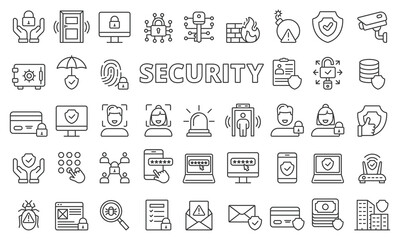 Security icon set in line design.  Protection, Safety, Secure, Guard, Alarm, Surveillance, Lock, Access, Privacy, Cyber, Data vector illustrations. Security Editable stroke icons.