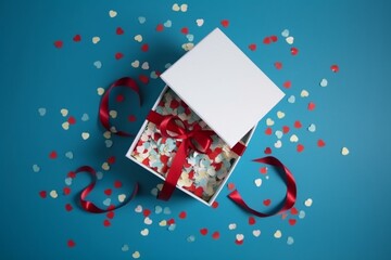 White box, red ribbon, confettis, blue background, top view, Valentine's day, birthday, Christmas. Generative AI