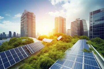 Cityscape with abundant trees and solar panels showcasing green energy and advanced technology. Generative AI