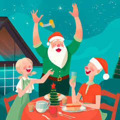 santa claus with a family christmas dinner abstract basic minimalist illustration for cards and social media