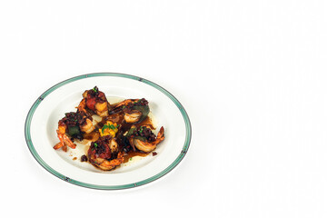 shrimp rolled with bacon and poblano chili in balsamic vinegar, isolated on white background and space for text or design