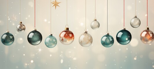 Christmas decorations with different colors on beige background . Christmas decorations banner poster. Horizontal format for banners, posters, advertising, gift cards. AI generated.