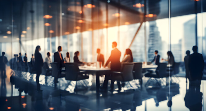Blurred image of businessmen and business people gathered in a modern conference room or office in a modern building.