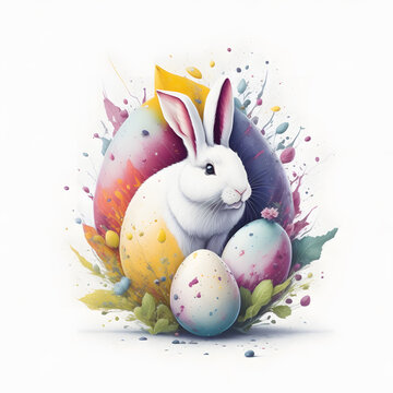 Easter Bunny Illustration with Colored Eggs - with Splash effect