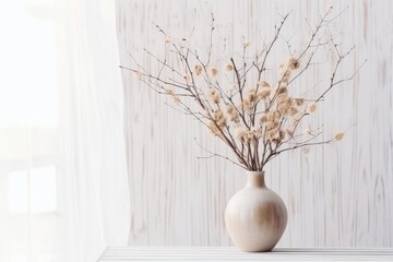 Decorated natural dry branches in stylish beige vase on table against background of striped wall near window close up, minimalistic modern eco home decor