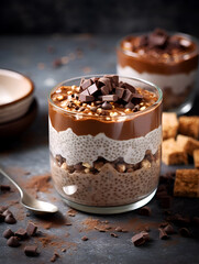 Delicious  healthy chia pudding dessert with caramel and chocolate chunks on grey marble table, blurred background 