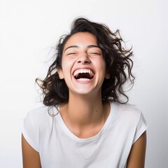 happy laughing young woman on isolated white background