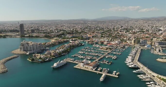 Golden Hour: Aerial Views of Limassol Marina and the Serene Mediterranean Coastline in Cyprus. High quality 4k footage