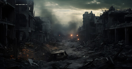 destroyed city, house explosions, burned city street, Smoke rise, bombed destroyed buildings, Apocalyptic view,