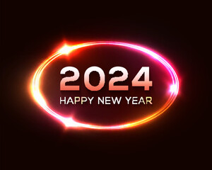 Happy New Year 2024 neon oval light sign. Holiday greeting card or horizontal banner design. Electric celebration circle frame with text sparkle. Festive night club sign. Vector holiday illustration.