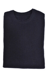 folded  men's  blue wool sweater with a round neck on  isolated  background  