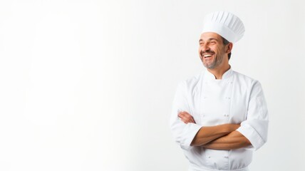 Happy chef, standing on a clear white background with lots of copy space on the right side created with Generative AI