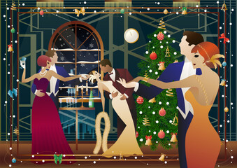 Happy couple having fun on New Year party near Christmas tree. Concept for holiday, winter holidays, New Year, Christmas