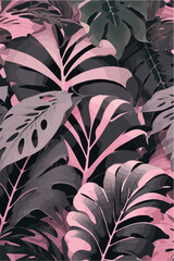 Flat 2D Vector Pink and Grey Monstera Leaves Background Seamless Texture