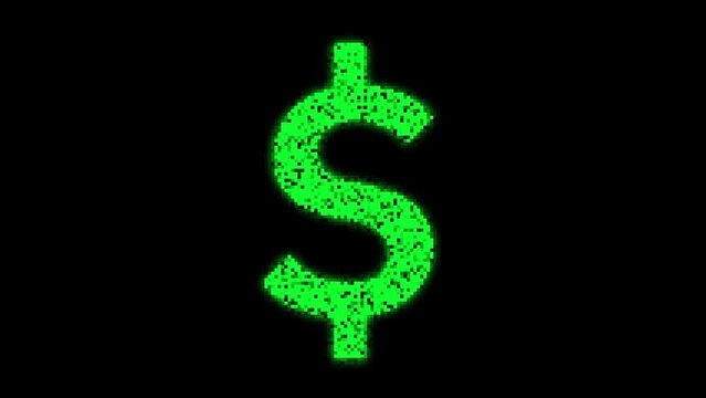 Money dolar sign animation, 8bit glowing pixels effect, green and white options, loopable animations in black background.