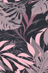 Flat 2D Vector Illustration of Seamless Pink and Grey Monstera Leaves Pattern