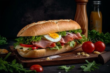 Sandwich with tomatoes, ham, egg, lettuce. Generative AI