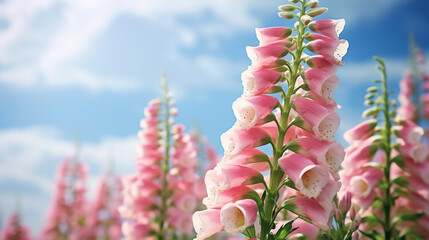 Closeup of colorful blooming foxglove flowers in front of cloudy blue sky - obrazy, fototapety, plakaty