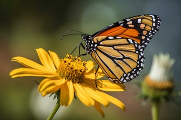 A monarch butterfly collecting nectar from a flower in summer. Generative AI